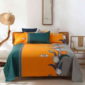 Orange Green Color Combo Bed Sheet with Pillow Covers